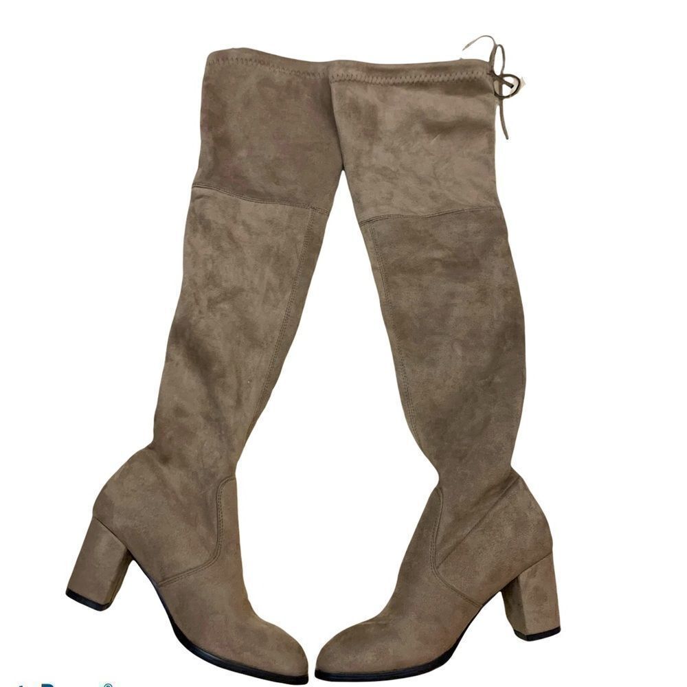 Over the knee stretch vegan suede heeled boots tan